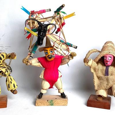 Mexican Folk Art Festival / Dance Figures – Handcrafted Cornhusk, Cloth & Wood (c. 1970s–1990s)
