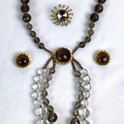 Grey Faceted Bead Necklace, Earring Set Mid Century 