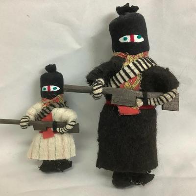 Pair of Handmade Folk Art Cloth & Yarn Figures – Likely Mid to Late 20th Century