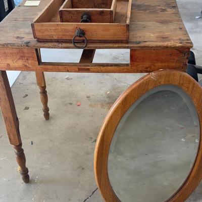 Vintage antique pine table with oak mirror