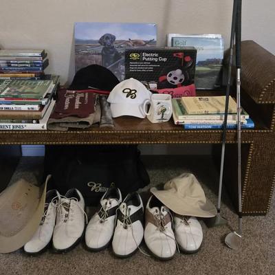 Golf shoes books, wedge, driver