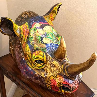 Hand painted paper mache rhino head