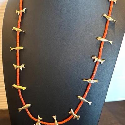 Vintage native american coral gold fetish necklace