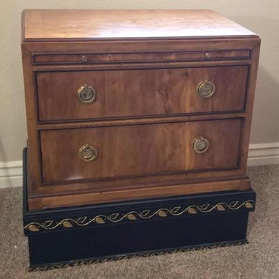 Pecan tone side table on ornate black stand 2