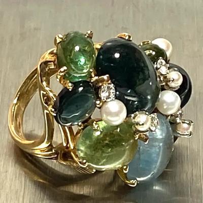 Lovely ladies 14k y g mixed gemstone cluster ring