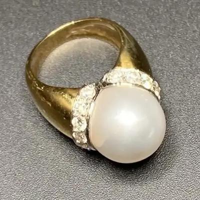 Diamond pearl 18k yellow gold & plat statement ring