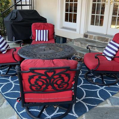 Wrought Iron Fire Pit Table With Rocker/Spinning Chairs