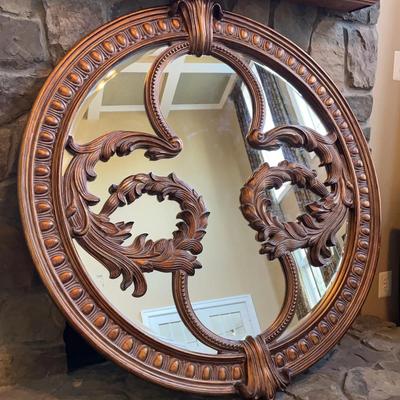 Large Round Copper Colored Ornate Wooden Mirror