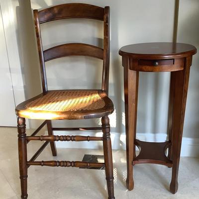 Small Inlay Accent Table & Chair W/Cane Seat (2)