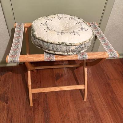 Vintage Luggage Stand And Floral Pillow 