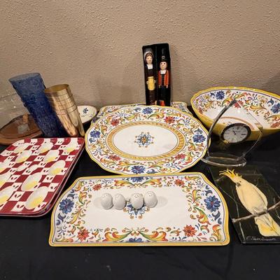 Set of Yellow Ceramic Serving Dishes, Vintage Teak Cheese Board