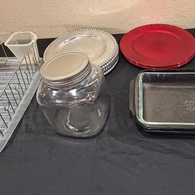 Pyrex Casserole Dishes, Red, Gold, Silver Charger Plates