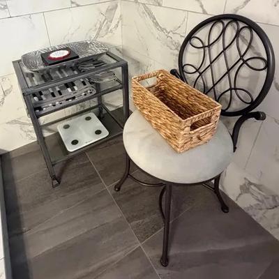 Vanity Chair & Silver Metal Glass Cart