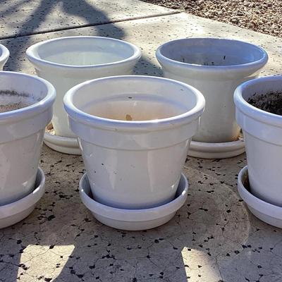 U.S. Pottery,  Septet Of White Flower Pots With Saucers