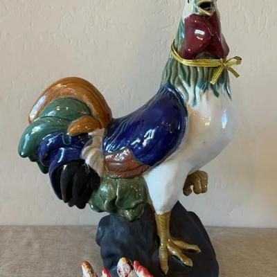 Vintahe Colorful Ceramic Rooster Figurine, And Rooster Salt And Pepper Shakers