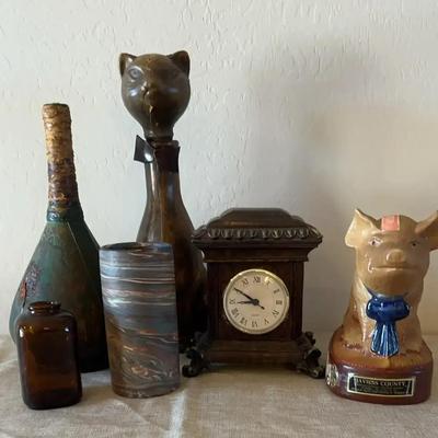 Cat and Pig Decanters, Clock, Vase And A Bottle