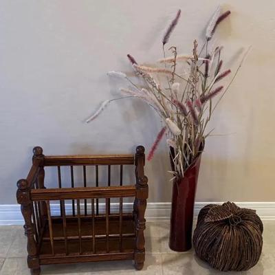 Vintage Wooden Magazine Rack, Pottery Vase, And Wicker Apple