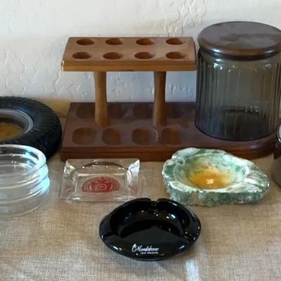 Vintage Decatur Industries Smoking Pipe Stand With A Glass Humidor Jar, And Vintage Ashtrays