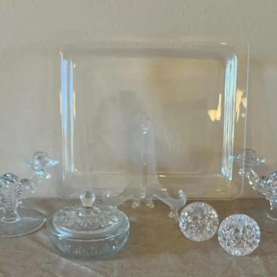 Glass, Etched, Rectangular Serving Tray, Glass Candlesticks, Candy dish And More