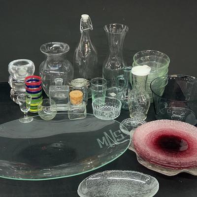 Large Glass Serving Tray & Red Glass Dishes With Assortment Of Glassware