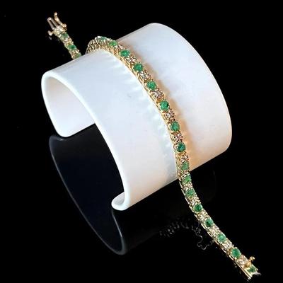 10K Yellow Gold 23 Genuine Emerald 24 Diamond Tennis Bracelet 