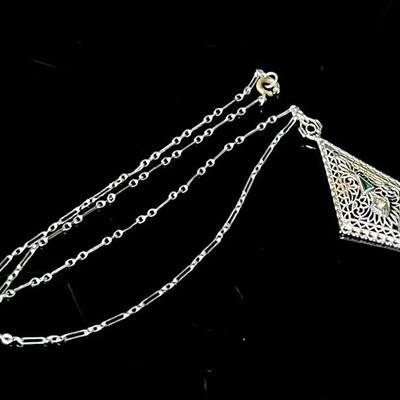 Art Deco Filigree Pendant Necklace with Stones