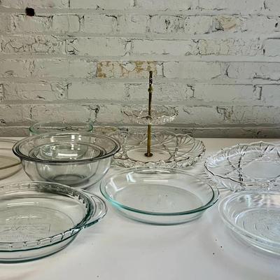 Vintage And Newer Pyrex Pie Dishes, Two Tiered Glass Server And Tray 