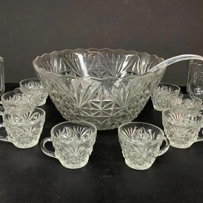 Anchor Hocking Punchbowl Set + Indiana Glassware Glass Mugs