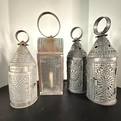 Four Vintage Punched Tin Lanterns 