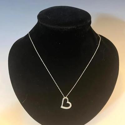 14K White Gold Chain with 10K 9 Diamond Heart Pendant 