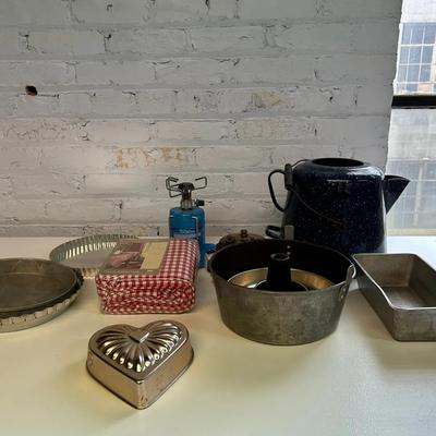 Vintage Graniteware Kettle, Camp Stoves, Vintage And Newer Bakeware And More