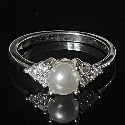 Sterling Silver .925 Faux Pearl 6 CZ Ring