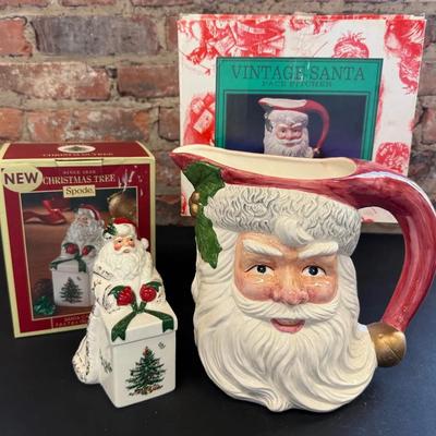 Collectible Vintage Santa Items (2) w/ Spode Candy Box, Fitz & Floyd Pitcher