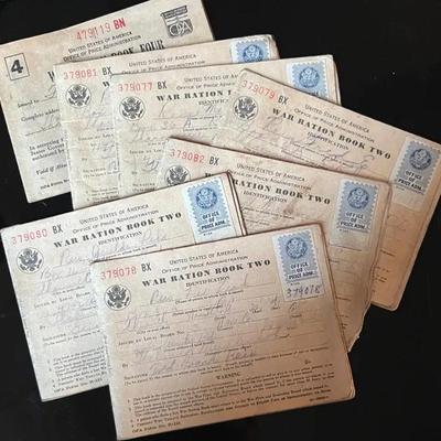 WWII Ration Book Covers, One with Ration Stamps