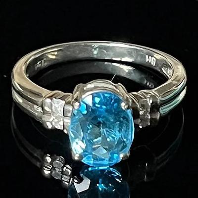 14K White Gold Blue Topaz 4 Diamond Ring