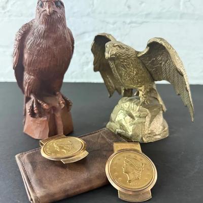 Vintage Collectibles (5) W/ Liberty Head Money Clips, Solid Brass & Wood Eagles +