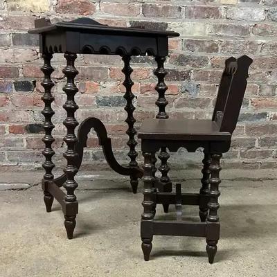 Antique Painted Wooden Spool-Turned Child's Desk and Chair, Early 20th Century