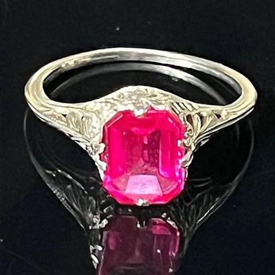 Antique 14K White Gold Filigree Synthetic Ruby Ring