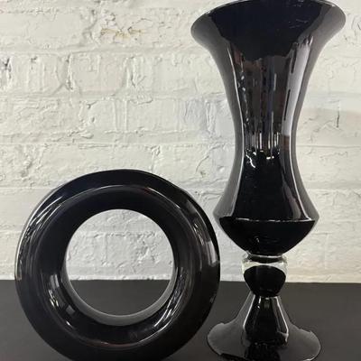 Pair (2) Black MCM Vases, Toyo Japan Doughnut & Tall Black Amethyst