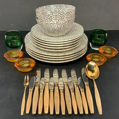 Kirk Sterling Handled Gold Wash Cutlery, “Thyme And Table” China + Votive Candleholders