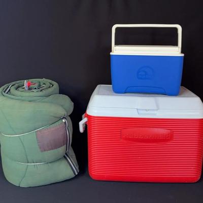 Vintage Coleman Green And Plaid Sleeping Bag & 2 Ice Chests
