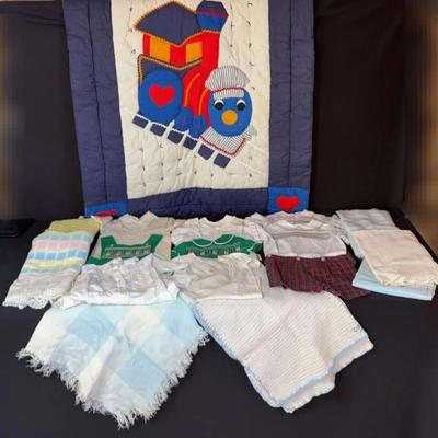Collection Of Cute Vintage Baby Clothes, Blankets And Wall Quilt
