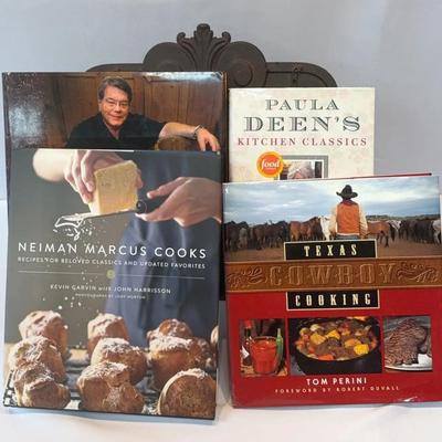 Don Strange Paula Deen Texas cowboy And Neiman Marcus Cookbooks With Metal Stand 