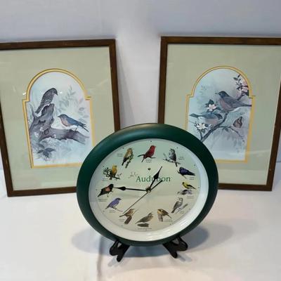 Two Vintage F. Massa Bird Prints & Audubon Bird Wall Clock