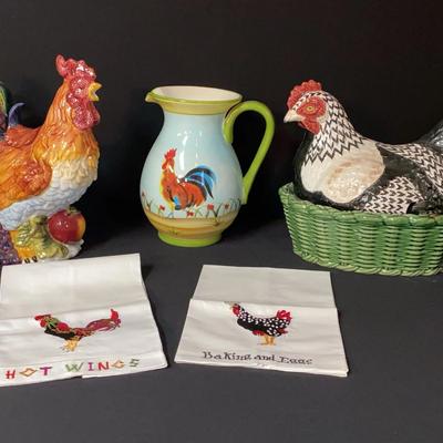 Chickens! Pitchers, Covered Bowl With Spoon And Two Tea Towels