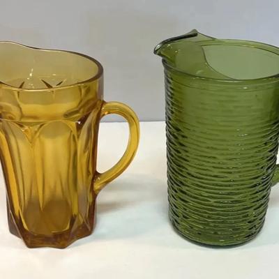 Vintage Anchor Hocking Glass Pitchers -  Fairfield Amber & Soreno Avocado Green
