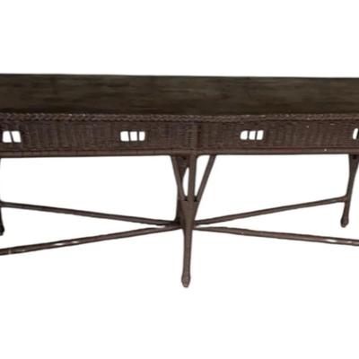 Brown Woven Resin Wicker With Wood Top Console Table