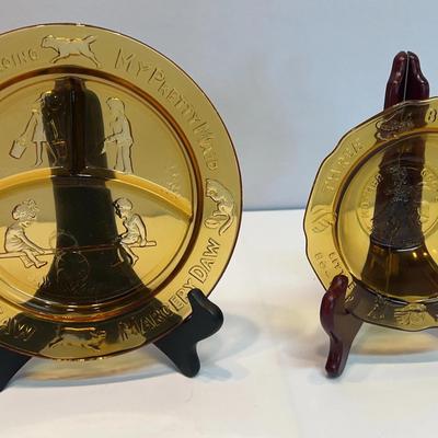 Vintage Tiara Glass Amber Nursery Rhyme Plate & Bowl