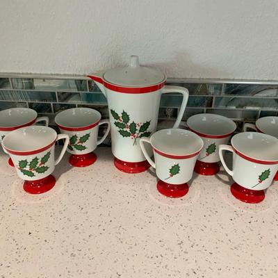 Holly Themed Tea Cups And Pitcher