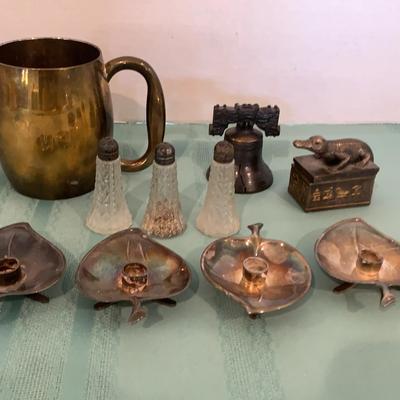 Leaf Silverplate Candleholders And Vintage Salt And Pepper Shakers With Sterling Lids  